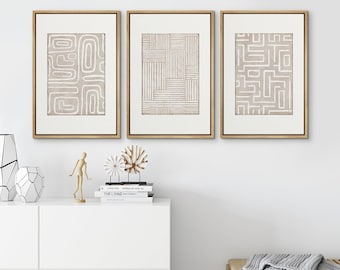 Framed Canvas Wall Art Prints Set of 3 Abstract Beige White Line Art Print Minimalist Modern Neutral Wall Art Living Room Decor