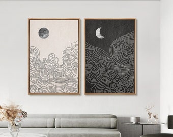 Framed Japandi Sun and Moon Wave Wall Art Set of 2, Neutral Minimalist Line Canvas Prints, Wabi Sabi Decor for Living Room