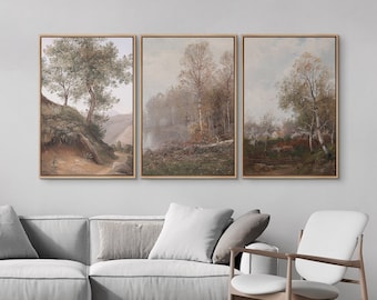 Vintage Framed Canvas Wall Art Print Set, Autumn Forest Meadow Print, Botanical Print, Modern Farmhouse Wall Decor, Country Nature Landscape