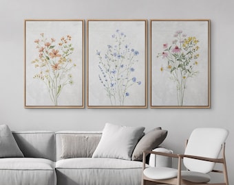3 Pieces Framed Canvas Wall Art Prints Botanical Floral Bouquets Flower Art Print Minimalist Modern Artwork Farmhouse Wall Decor