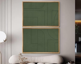 May include: Two framed abstract art prints with a green background and thin black lines forming geometric shapes.