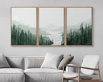 Framed Canvas Wall Art Set of 3 Sage Green Watercolor Mountain Forest Tree Lake Nature Landscape Prints Modern Farmhouse Wall Decor