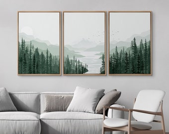 Framed Canvas Wall Art Set of 3 Sage Green Watercolor Mountain Forest Tree Lake Nature Landscape Prints Modern Farmhouse Wall Decor