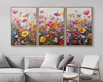 Framed Canvas Wall Art Set of 3 Wildflower Botanical Prints Colorful Floral Art Print Abstract Poppy Field Modern Boho Wall Art Living Room