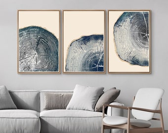 Framed Canvas Wall Art Prints Set of 3 Abstract Navy Blue Wood Tree Ring Triptych Art Print Vintage Minimalist Modern Neutral Wall Art Decor