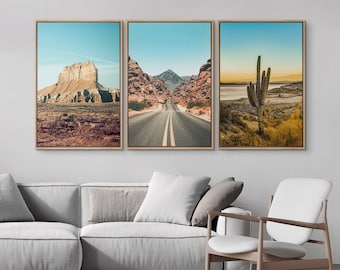 Framed Canvas Wall Art Print Set, Desert Landscape Prints, Cactus Joshua Tree Prints, Road Trip Photography Print, Modern Western Decor