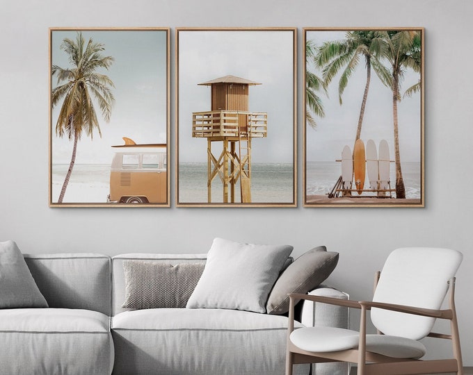 Framed Canvas Wall Art Set of 3 Tropical Palm Tree Beach Lifeguard Pier Surfboard Print Ocean Photography Coastal Cottage Coastal Room Decor