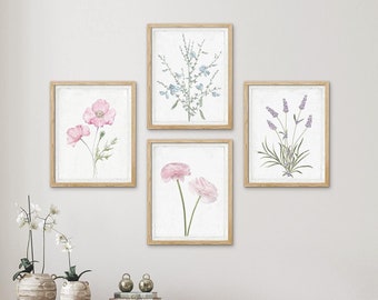 Set of 4 Framed Prints Wall Art Set, Watercolor Wildflower Art Print, Floral Botanical Prints, Minimalist Art, Modern Farmhouse Wall Decor