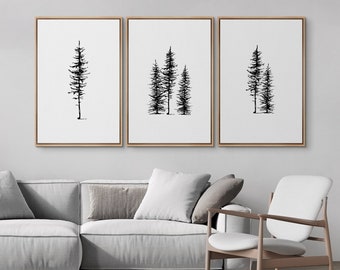 3 Piece Framed Canvas Wall Art Set, Black and White Pine Tree Prints, Modern Forest Wall Decor, Minimalist Eclectic Art, Rustic Nature Decor