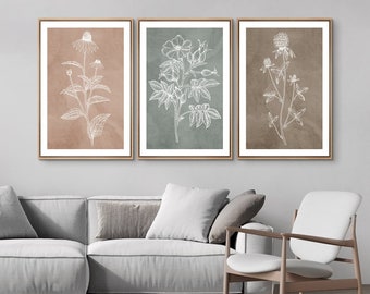 Botanical Sketch Wall Art Set of 3 - Framed Wildflower Canvas, Vintage Plant Prints, Earth Tone Line Art for Farmhouse Dining Room