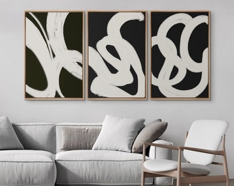 3 Piece Framed Canvas Wall Art Set, Abstract Line Art Prints, Black and White Print Wall Art, Minimalist Modern Print, Neutral Room Decor