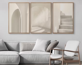 3 Piece Framed Canvas Wall Art Set, Beige Architecture Prints, Geometric Abstract Shapes Art, Minimalist Modern Wall Art, Neutral Home Decor