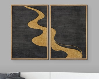 2 Piece Framed Canvas Wall Art Set, Abstract Minimalist Wall Art, Black and Gold Wall Art Prints, Modern Wall Art, Neutral Room Decor