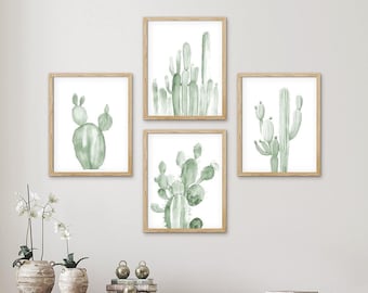 Set of 4 Framed Prints Wall Art Set,  Green Southwest Desert Cactus Prins, Floral Botanical Prints, Minimalist Modern Art, Western Decor