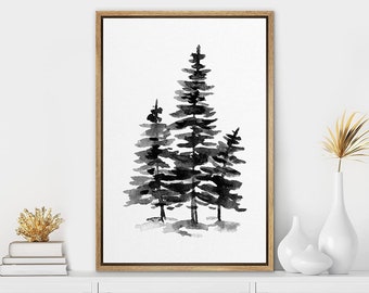 Framed Canvas Wall Art, Black and White Pine Tree Print, Modern Wall Art Decor, Minimalist Art, Nature Landscape Neutral Decor