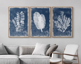 3 Piece Framed Canvas Wall Art Set Navy Blue Tropical Leaves Coastal Coral Floral and Botanical Print Minimalist Organic Modern Home Decor