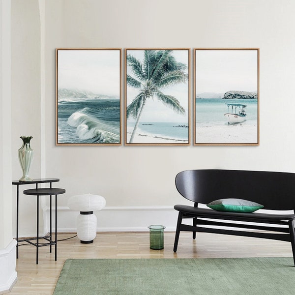 Framed Canvas Wall Art Set Tropical Palm Tree Beach Seascape Ocean Photograph Prints Coastal Cottage Minimalist Wash Out Room Decor