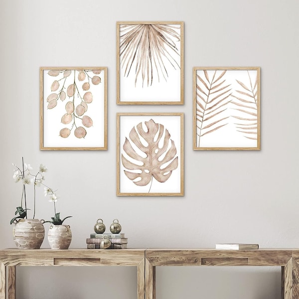 Set of 4 Framed Prints Wall Art Set, Brown Monstera Palm Leaf Prints, Floral Botanical Prints, Minimalist Art, Modern Farmhouse Wall Decor