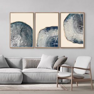 Framed Canvas Wall Art Set of 3 Neutral Navy Blue Wood Tree Ring Prints Triptych Art Vintage Minimalist Modern Wall Art Living Room