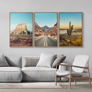 Framed Canvas Wall Art Print Set, Desert Landscape Prints, Cactus Joshua Tree Prints, Road Trip Photography Print, Modern Western Decor