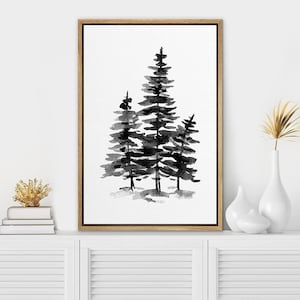 Framed Canvas Wall Art, Black and White Pine Tree Print, Modern Wall Art Decor, Minimalist Art, Nature Landscape Neutral Decor