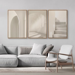 3 Piece Framed Canvas Wall Art Set, Beige Architecture Prints, Geometric Abstract Shapes Art, Minimalist Modern Wall Art, Neutral Home Decor