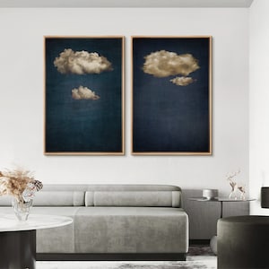 Moody Cloud Wall Art Set of 2 - Framed Vintage Sky Canvas Prints, Dark Atmospheric Decor for Minimalist Living Room or Bedroom