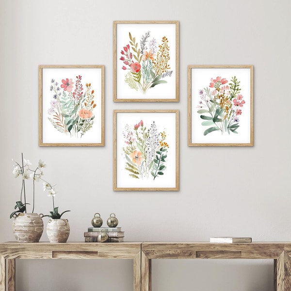 Set of 4 Framed Prints Wall Art Set, Watercolor Wildflower Art Print, Floral Botanical Prints, Minimalist Modern Art, Boho Wall Decor