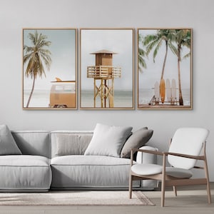 Framed Canvas Wall Art Set of 3 Tropical Palm Tree Beach Lifeguard Pier Surfboard Print Ocean Photography Coastal Cottage Coastal Room Decor