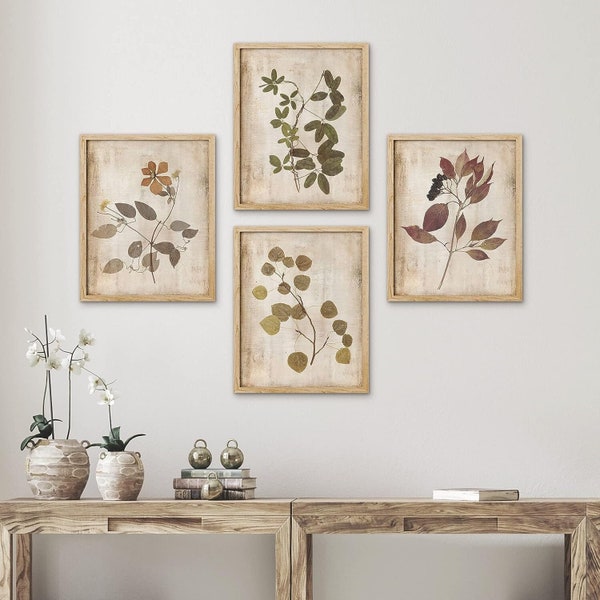 Set of 4 Framed Prints Wall Art Set, Rustic Leaves Art Prints, Floral Botanical Prints, Minimalist Vintage Art, Modern Farmhouse Wall Decor