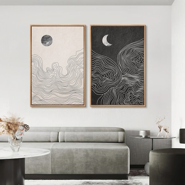 Framed Japandi Sun and Moon Wave Wall Art Set of 2, Neutral Minimalist Line Canvas Prints, Wabi Sabi Decor for Living Room