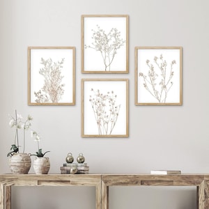 Set of 4 Framed Prints Wall Art, Wildflower Floral Botanical Prints, Minimalist Modern Neutral Artwork, Farmhouse Country Bathroom Decor