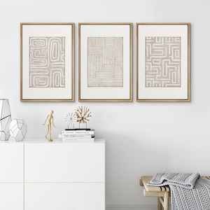 Framed Canvas Wall Art Prints Set of 3 Abstract Beige White Line Art Print Minimalist Modern Neutral Wall Art Living Room Decor