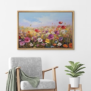 Framed Canvas Print Wall Art Rustic Countryside Wildflower Poppy Field Nature Landscape Modern Art Botanical Floral Wall Decor