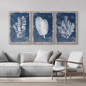 3 Piece Framed Canvas Wall Art Set Navy Blue Tropical Leaves Coastal Coral Floral and Botanical Print Minimalist Organic Modern Home Decor