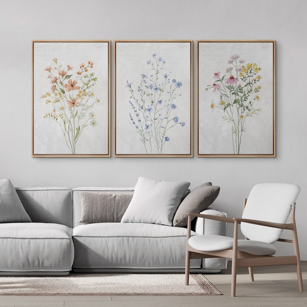 Framed Canvas Wall Art Set 3, Bright Multicolor Flower Bouquets, Floral Botanical Art Print, Organic Modern Artwork, Farmhouse Country Decor