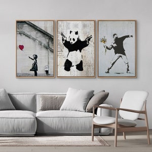 3 Piece Framed Canvas Wall Art Set, Banksy Art Prints, Graffiti Street Art Prints, Pop Modern Art, Minimalist Decor