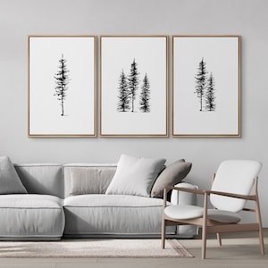 3 Piece Framed Canvas Wall Art Set, Black and White Pine Tree Prints, Modern Forest Wall Decor, Minimalist Eclectic Art, Rustic Nature Decor