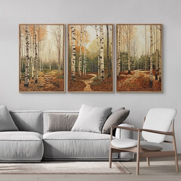 Framed Canvas Wall Art Set of 3 Birch Tree Forest Nature Landscape Prints Minimalist Vintage Art Rustic Country Decor Neutral Wall Decor