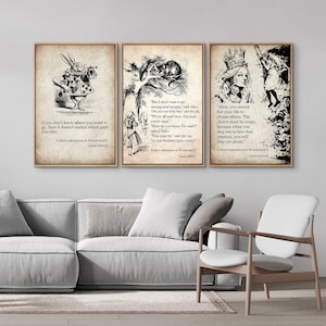 Framed Canvas Wall Art Set 3, Alice in Wonderland Art Print, Cheshire Cat, Motivational Quote Art, Inspirational Fairy Tale Vintage Decor