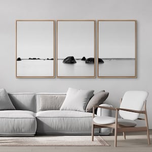 3 Piece Framed Canvas Wall Art Set, Black and White Art Prints, Rocky Lake Seascape Photography, Minimalist Modern Wall Art, Zen Home Decor