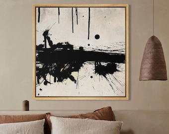 Framed Canvas Wall Art, Grunge Black Beige Ink Splatter, Abstract Art Print, Mid Century Modern Wall Art, Minimalist Art, Neutral Decor