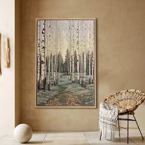 White Birch Forest Art - Framed Minimalist Canvas Print, Woodland Landscape in Neutral Tones, Rustic Living Room Decor