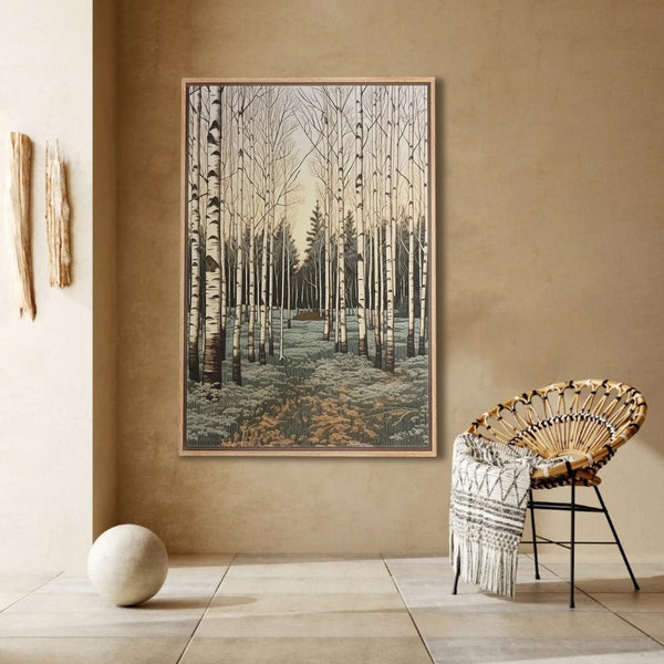 Framed Canvas Wall Art White Birch Tree Wood Forest Landscape Prints Minimalist Vintage Art Rustic Country Nature Japandi Artwork Home Decor