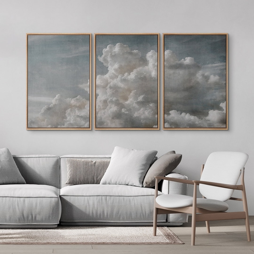 Framed Canvas Wall Art Set of 3 Abstract Cloud Sky Wall Art Print White ...