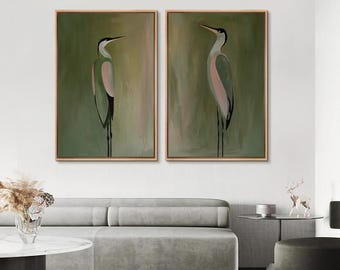 Minimalist Heron Framed Wall Art Set of 2, Green Abstract Bird Canvas Prints, Modern Wildlife Decor for Living Room