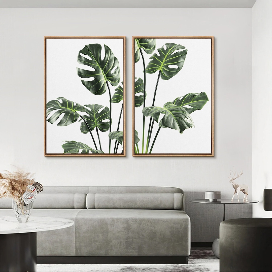 Framed Canvas Print Wall Art Set of 2 Green Tropical Monstera Leaf Mid ...