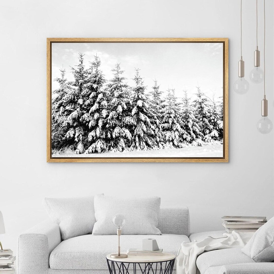 Framed Snowy Pine Tree Forest Wall Art, Black White Winter Landscape ...