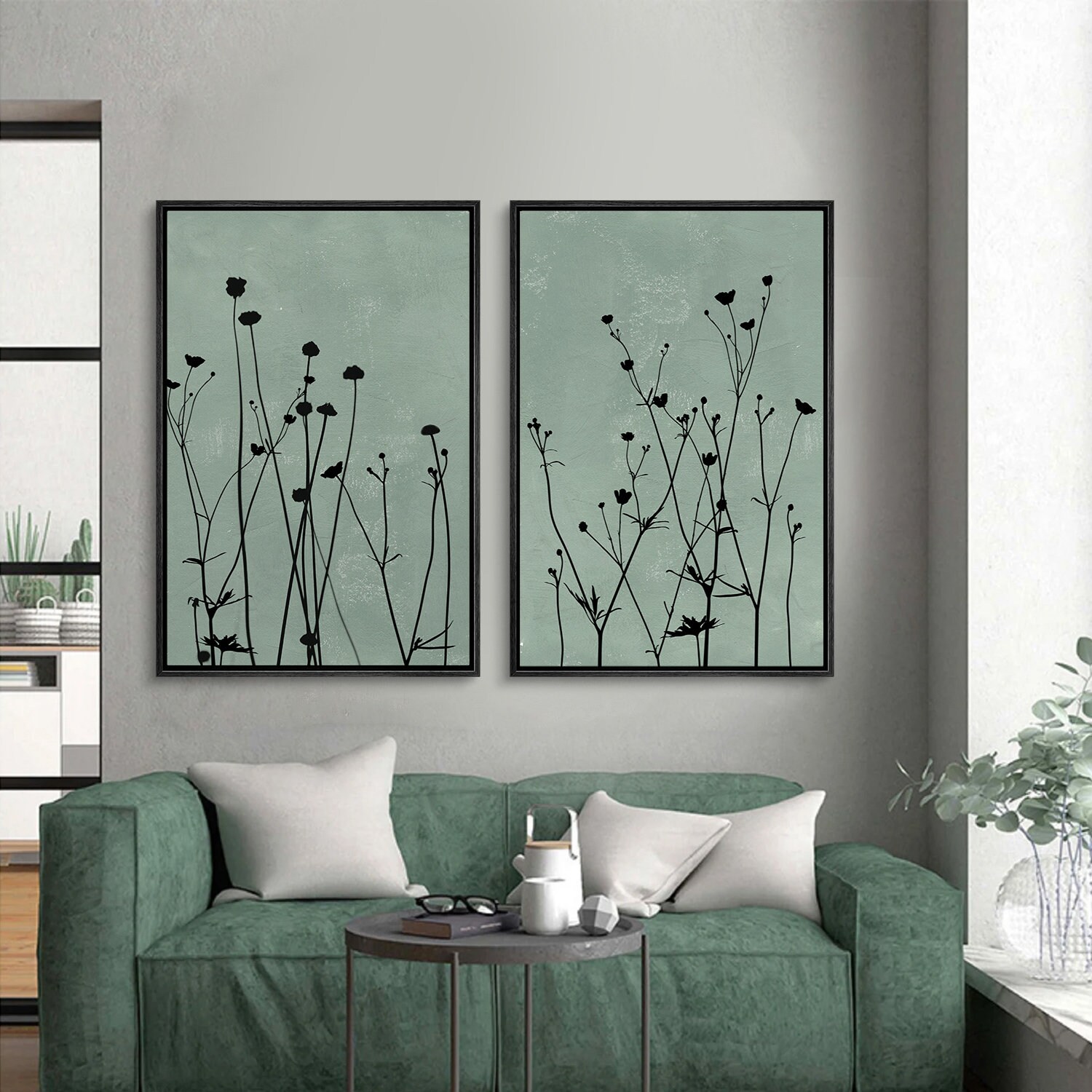 Framed Canvas Wall Art Set Sage Green Wildflowers Floral Botanical ...