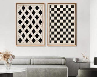 May include: Two framed wall art pieces. One features a black and white diamond pattern, the other a black and white checkerboard design. Both are in light wood frames, adding a touch of modern decor to any space.